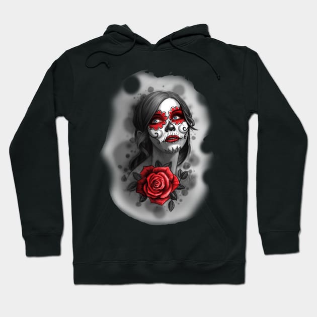 Day of the Dead Girl Red Makeup and Rose Pencil Sketch Day Of